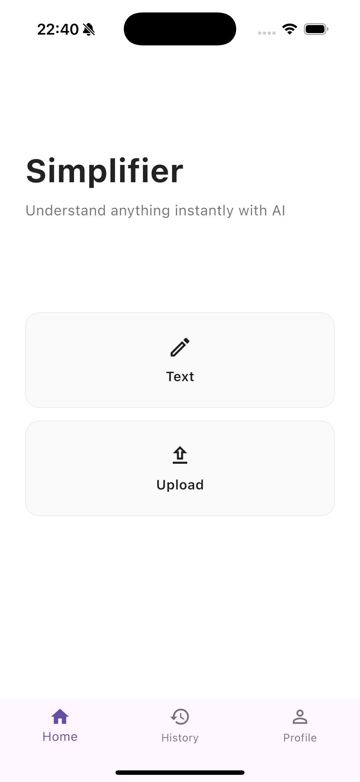 Simplifier app — home screen with Text and Upload options