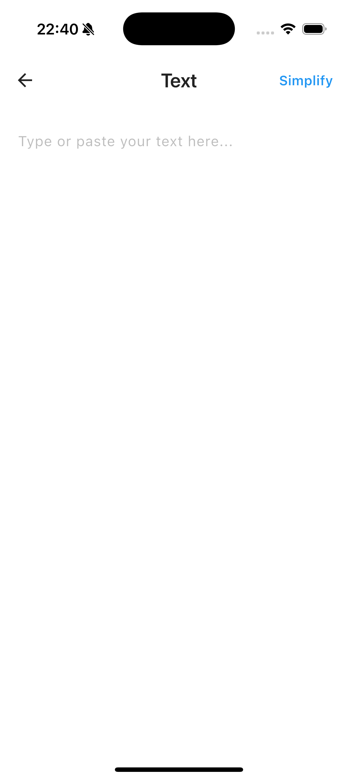 Simplifier text input screen — type or paste your document